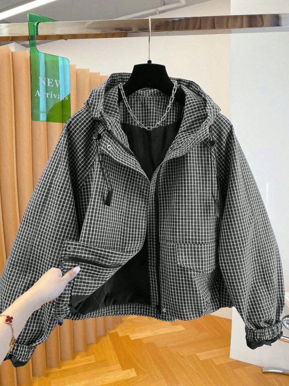 Black And White Casual Women's Grid Plaid Hooded Jacket